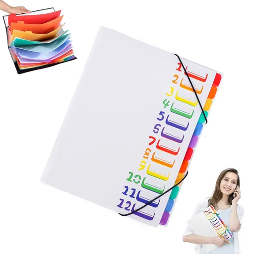 A4 Expandable Project Folder - A4 Sorting Folder - 12 Compartments - File Folder with Tabs - Compartment Folder - Desk Folder - Storage Folder - Document Folder - Work Folder - Clear Classification - White