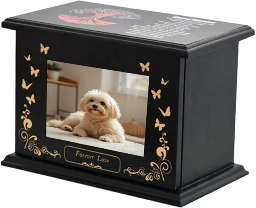 Pet Memorial Wooden Urn Box with Photo Frame, Life Tree Butterfly Ashes Keepsake Box Forever Love Pet Loss Bereavement Gift - Black - Size 28*20*17cm