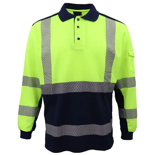 HI VIS Long Sleeve Polo Shirt Reflective Tape Safety Tradie Work Wear Tops Tee, Fluro Yellow / Navy, XL