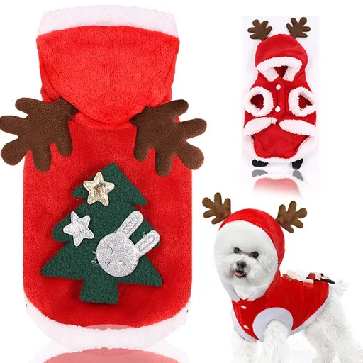 Shine Pet Flannel Antler Dog Clothes (Sticky green tree) two legs hooded flannel antlers S bust 35cm back length 25cm