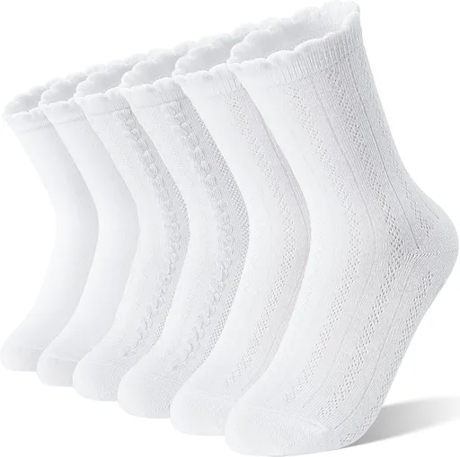 Girls Kids Ruffle Socks Uniform School Dress Crew Cotton Textured Breathable Socks 6 Pairs
