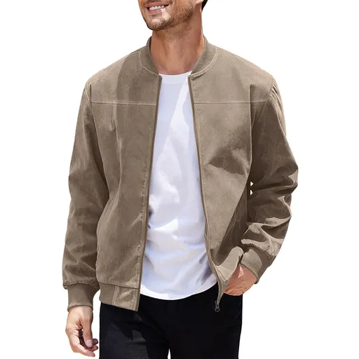 Men's Varsity Bomber Flight Jacket Breathable Windbreaker Zip Coat Faux Leather, Brown, M