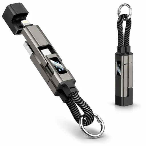 4-in-1 Smart Digital Display Keychain, 65W Multi Charging Cord with LED Display, Zinc Alloy Keychain Braided Cable for Phone, Tablet, Laptop & Travel