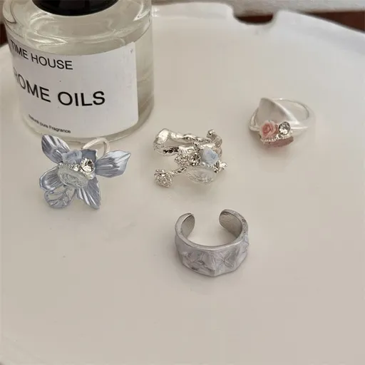 4PCS Vintage Camellia Handmade Enamel Stackable Wide Metal Rings A+B+C+D with Zirconia Accents - French Style Stackable Floral Band for Women