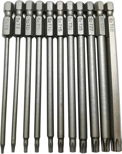 11 pieces - Screwdriver bits - Screwdriver bit set - Long Torx screwdriver set - Hollow Torx bit set - S2 steel - with security head - hexagon shaft - 100mm - T6 T7 T8 T9 T10 T15 T20 T25 T27 T30 T40