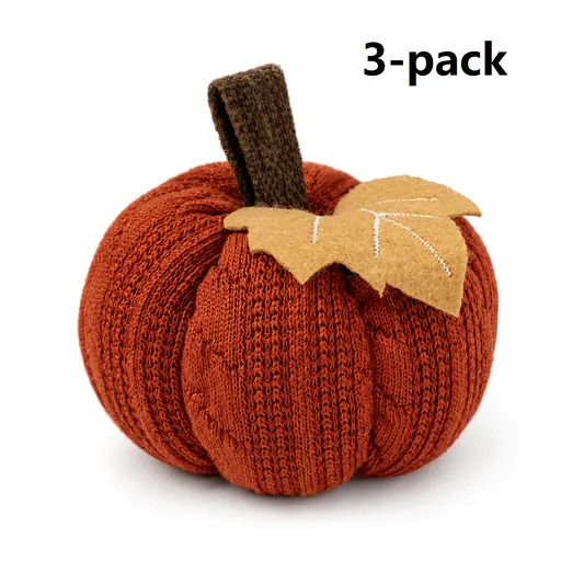 3-pack Brown Knitted Pumpkin Decoration - Polyester Fabric Fall Harvest Ornament With Hanging Loop For Thanksgiving Table Centre And Farmhouse Home Decor