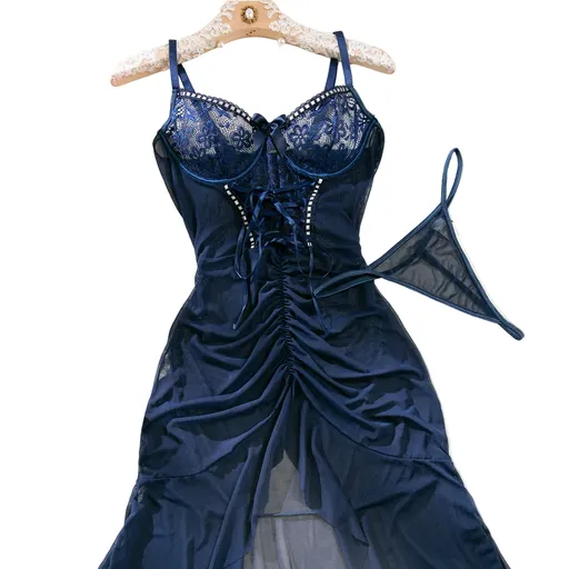House Of Dasein Cross Border Sexy Lace Transparent Temptation Ultra Thin Mesh Dress And Thong Set - Navy Blue - M