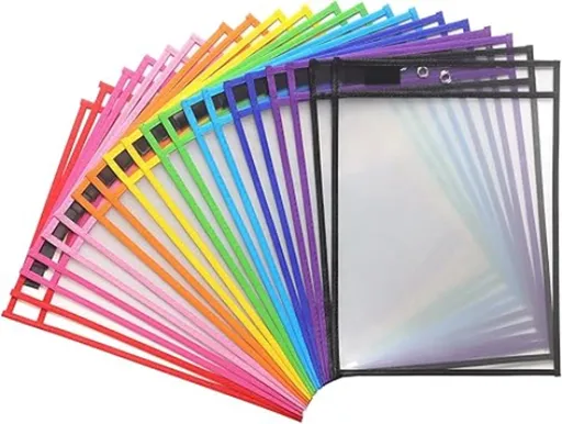 Erasable and Writable Folders - Pack of 20 | Includes 20 water-based whiteboard markers and 2 erasers - Transparent plastic folders/protective covers - Drawing and tracing bags for young children - Erasable and writable - Random colors