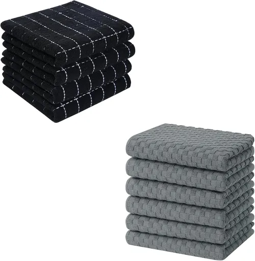 Homaxy 100% Cotton Terry Kitchen Towels(Black, 13 x 28 inches, 4 Pack), Checkered Designed, Soft and Super Absorbent Dish Towels and Terry Kitchen Towels(15" x 25", 6 Pack, Dark Grey)