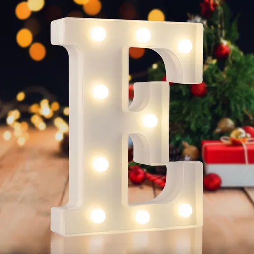 Sign letter E, warm white, 26 letters, 10 numbers, heart and & symbol; for birthday, party, Christmas, home, bar, wedding decoration; DIY word combinations; wall & tabletop display; battery operated.