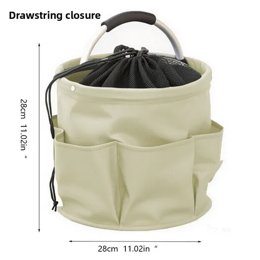 Apricot color Multi-Function Collapsible Storage Basket with Drawstring Closure Portable Cleaning Caddy and Picnic Organiser Bag with Multiple Pockets