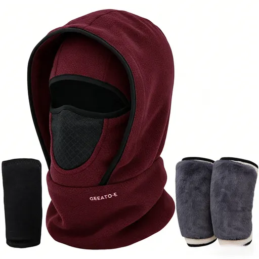 Windproof Thermal Rider Protection Set - 2 Pack Faux Rabbit Fur Knee Braces & Wine Red Fleece Balaclava Hood Outdoor Sports Warmth Bundle