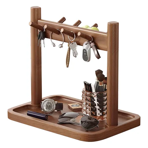 Wooden Key Holder and Entryway Organiser with Tray and Hooks for Keys, Jewellery and Everyday Home Storage, for Home, Travel and Daily Use