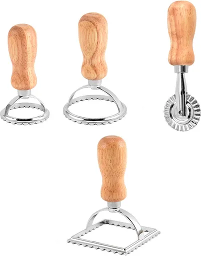 Ravioli Cutters Set of 4 Wooden Handle Ravioli Makers with 3 Shape Cutters and 1 Pasta Wheel