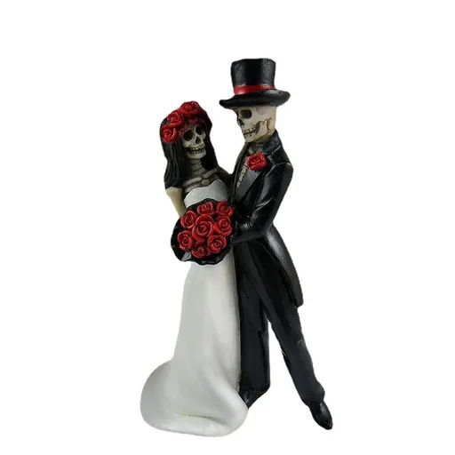 Day Of The Dead Wedding Dance Skeleton Bride And Groom Holding Red Roses Bouquet Figurine Cake Topper Tall Love Never Dies Bridal
