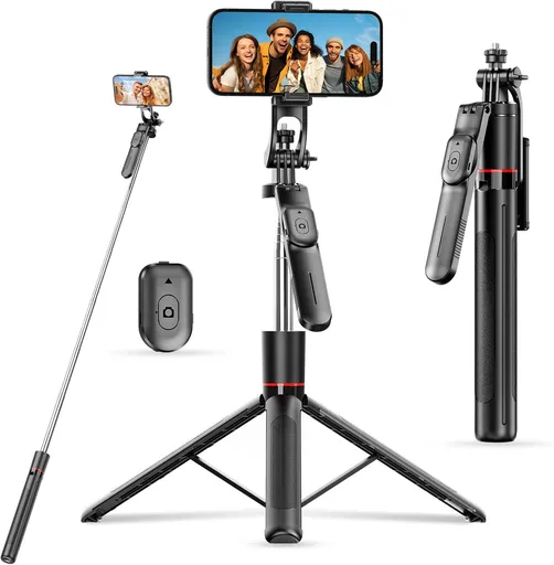 Bluetooth Selfie Stick Tripod with Remote Control and Extendable Phone Holder for Photos, Video Calls and Vlogging, 7.6 cm, Black