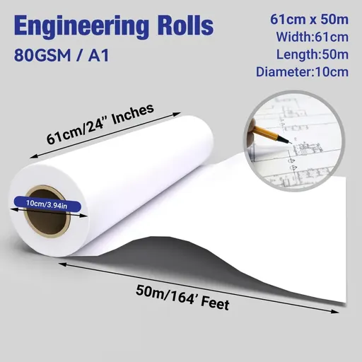 A1 Engineering Drawing Paper Rolls 80gsm 61cm x 50m for Architects Students Use
