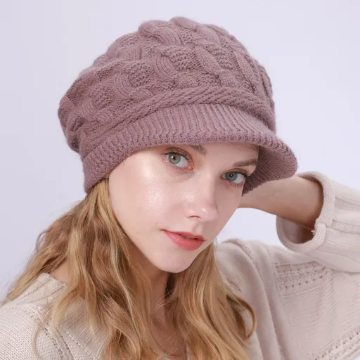 Women's Knitted Hat - Fleece Lining - Crocheted Women's Beret - Purple