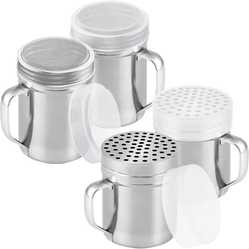 [2-pack] 10oz Metal Cheese Shaker with Large Holes, [2-pack] 10oz Powdered Sugar Shaker with ine Mesh - With Handle and Lids