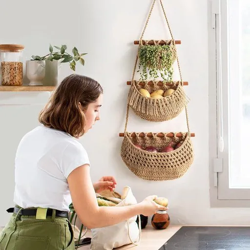 Hanging Fruit Basket 3 Tier Jute Woven Wall Storage Organizer With Removable Mesh Bags For Kitchen Produce And Boho Home Decor Natural Color