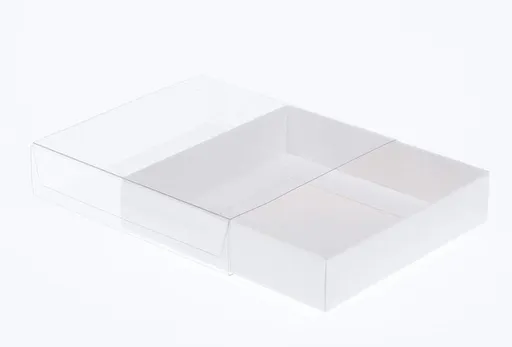 100 Pack of 10cm Square Invitation Coaster Favor Function product Presentation Cookie Biscuit Patisserie Gift Box - 4cm deep - White Card with Clear Slide On PVC Lid