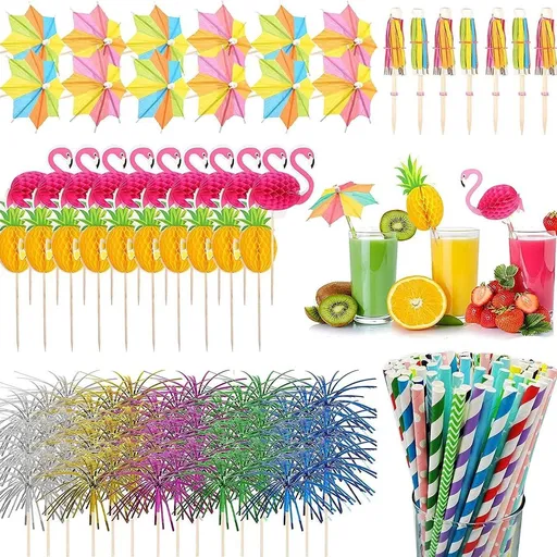 100Pcs Hawaiian Party Decoration Set - Tropical Luau Cupcake Toppers & Drink Stirrers with Pineapple, Flamingo, Umbrella Picks & Paper Straws - Mixed Color Baking Picks for Birthday Wedding