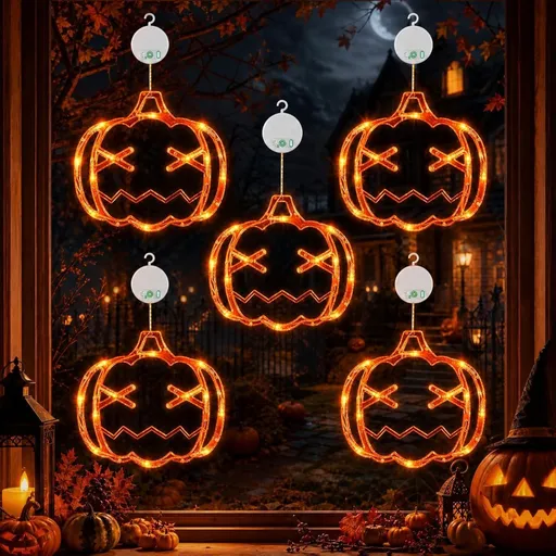 5 Pack Halloween Pumpkin Window Lights, Battery-Powered | Halloween Decorations with Suction Cups, 8 Color-Changing Modes, and Timer Function - Orange