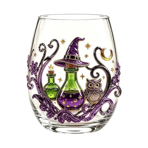 15oz Halloween Printed Stemless Wine Glass, Spooky Pumpkin Ghost Owl Tumbler Cup Fall Party Drinkware