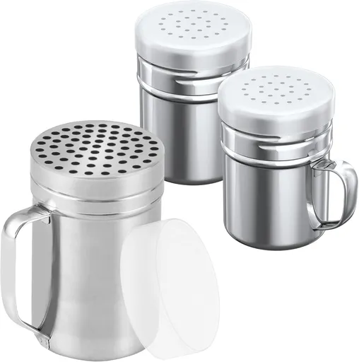 [1-pc] 14 oz Metal Parmesan Cheese Shaker (Large Holes) + [2-pcs] 6 oz Metal Salt Pepper Dredge Shakers - with Plastic Caps & Handles Bundle