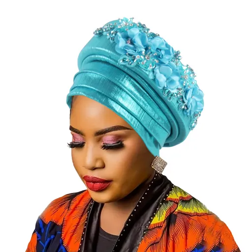 Women's Luxury Lake Blue Turban Hat with Beaded Floral Embellishments Pre-Tied African Style Headwrap for Weddings Parties & Special Occasions