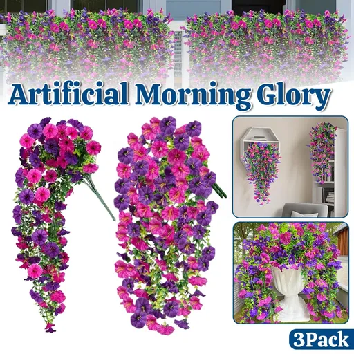 3PCS Artificial Morning Glory Vine Hanging Wall Decoration Flower Decor Garden