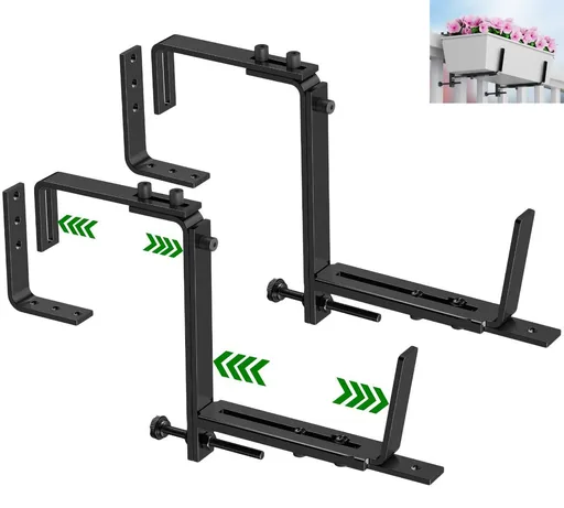 2PCS Adjustable Planter Box Brackets, Brackets for Window Boxes Planters Hanging Flower Box Holders, Wall Mount Holder for Windowsills, Garden, Fences, and Balcony - Black