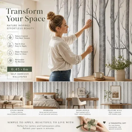 Self Adhesive PVC Wall Decal 0.45x6M, Birch Wood Texture, Natural Home Upgrade