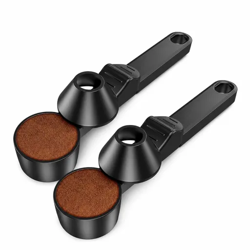 2 pcs Black Sliding Coffee Scoop - Long Handle Plastic Measuring Spoon for Ground Coffee and Tea Leaves and Pepper and Protein Powder - Storage Design for Kitchen Organisation