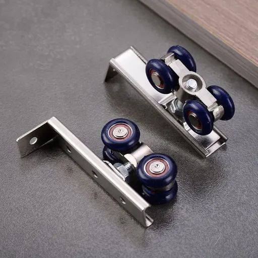 2pcs 4-Wheel Metal Sliding Track Pocket Door Roller Wheel Set Hanger Ball Bearing Pulley Kit for Wardrobe Closet Barn Door