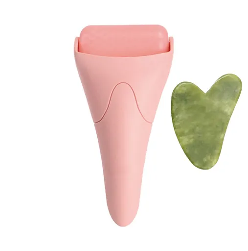 2-piece Pink Face Ice Roller with Gel Cooling Head and Gua Sha Board- Reusable PP and Gel Cold Massage Tool for De-Puffing, Soothing, and Refreshing Skin, Easy to Freeze, Comfortable Grip, Daily Skincare Essential