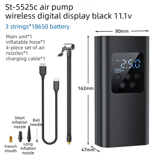 Wireless Rechargeable Tire Inflator with 4 Inflation Modes & 5 Inflatable Parts - Real-Time LCD Precision Gauge, Auto-Stop & Emergency LED Light(3-Cell)