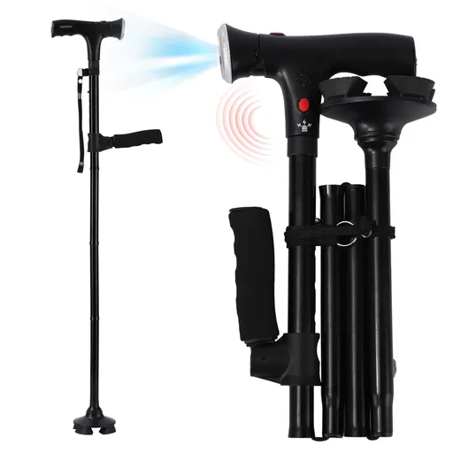Walking Cane with Led Light and Alarm, Heavy Duty Folding Cane, Adjustable Cane Suitable for Arthritis Disabled and Elderly, Black, 15.7 x 31.5 cm
