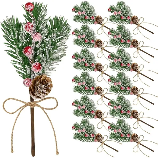 12PCS Christmas Berries Pine Cones, Artificial Pine Picks Christmas Berries Décor with Snowflakes Flocked Holly, for Garden Wedding Xmas Wreaths DIY Craft Décor
