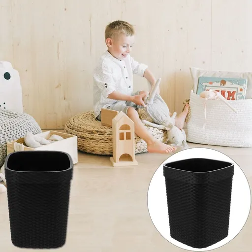 Black Plastic Garbage Basket Simple Woven Style for Home Use