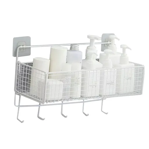 Wall Mount Storage Basket Multifunctional Iron Wall Hanging Organizer Rack with Hook for Kitchen Bathroom White