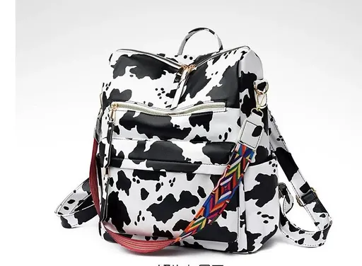 Vintage PU Anti-theft Backpack, Large Capacity Multi-pocket Casual Bag with Colorful Wide Shoulder Strap(White Pattern)