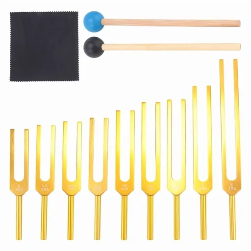 Tuning Forks Set 9Pcs 174/285/396/417/528/639/741/852/963Hz Tuning Fork, Sound Healing Tool Set for Healing Chakra Gold