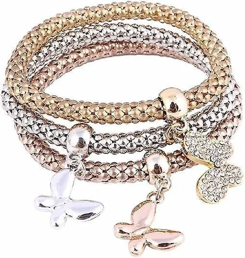 Crystal Charms Multilayer Bracelets - 3pcs Gold/silver/rose Gold Corn Chain Bracelet For Women, Tree Of Life Heart Shaped Stretch Bracelet