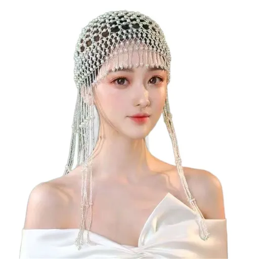 Pearl Flapper Cap Headpiece Head Chain, Jewelry Women Wedding Theme Party Hair Accessories for Women and Girls