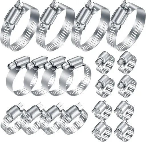 20Pcs Adjustable Stainless Steel Hose Clamps Assortment Kit, 1/4-2 in (6-51mm) Worm Gear Pipe, uel LineHeavy Duty or Plumbing, Washing Machine, Mechanical，Garden and Automotive Hose Connections