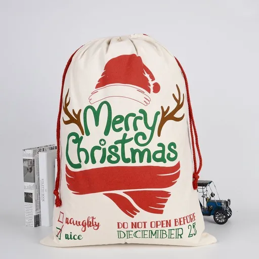 Large Christmas XMAS Hessian Santa Sack Stocking Bag Reindeer Children Gifts Bag, Cream - Merry Xmas w Antler