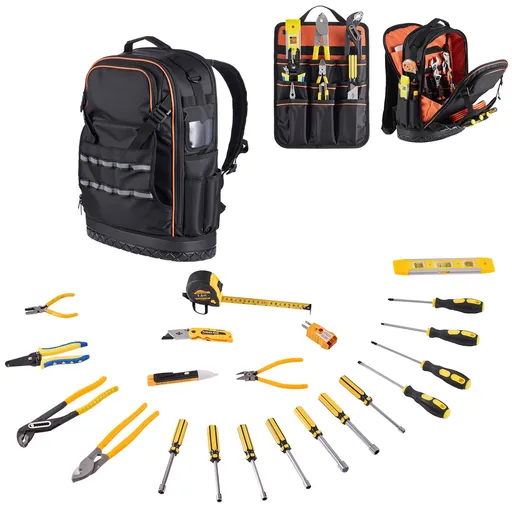 Tool Backpack with Tools, 65 Pockets, Heavy-duty Tools Storage Organizer Bags with Laptop Compartment & Molded Base, Electrician Jobsite Backpack for Electrician, Repairman, and HVAC Techs