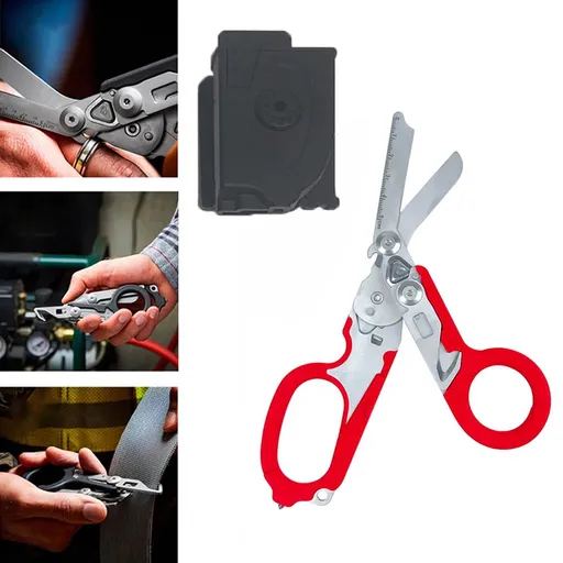 Multi-Function Folding Emergency Shear with 420HC Stainless Steel Blades, Non-Slip Rubber Handle, Quick-Release Holster, and Integrated Belt Cutter, Ring Cutter, Oxygen Tank Wrench, Glass Breaker, and Measuring Scale for Rescue, Outdoor, Vehicle, and