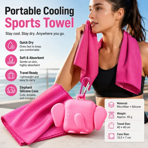 Red Portable Quick Dry Towel with Elephant Storage Box - Microfiber Cooling Sports Sweat Towel with Silicone Case for Gym Swimming Travel
